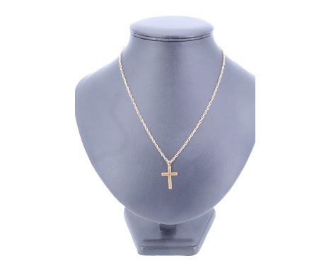 A vintage 9 ct yellow metal pendant cross and neck chain, the rope link princess length neck chain marked '375', cross marked