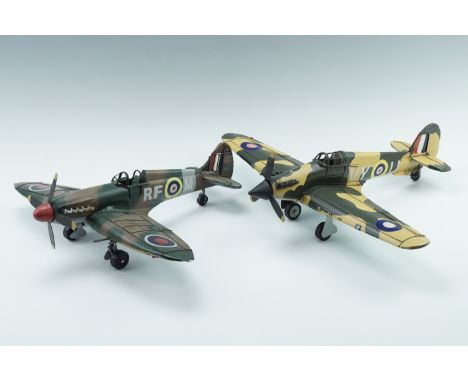 Two vintage tinplate style models of a Spitfire and a Hurricane, 43 cm