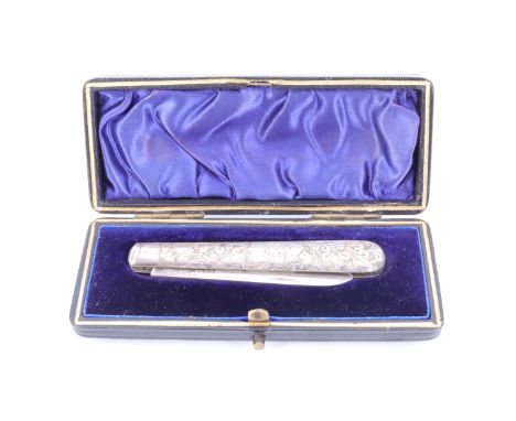 A Victorian silver fruit knife, the silver scales having profuse bright cut engraved decoration, in fitted leather case, Hill