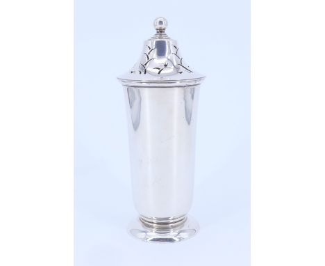 An Art Deco silver sugar caster, of gently tapering cylindrical form on a footed base, the top pleasantly pierced with a conf