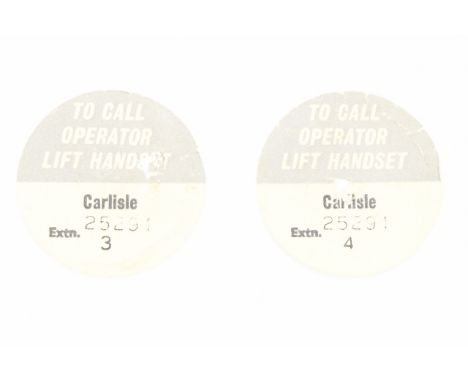 Two vintage Carlisle telephone dial-centre labels, circa 1960s