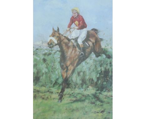 [ Horse Racing ] After Claire Eva Burton (British, b. 1955)  "Red Rum", a dynamic portrait of jockey and the famous thoroughb
