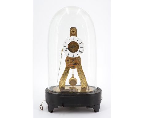 A French Great Exhibition diminutive skeleton alarm clock by Pierret of Paris, 28 cm to top of glass dome