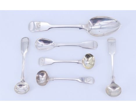 A Georgian silver fiddle pattern dessert spoon together with five various Georgian and Victorian salt and mustard spoons to i