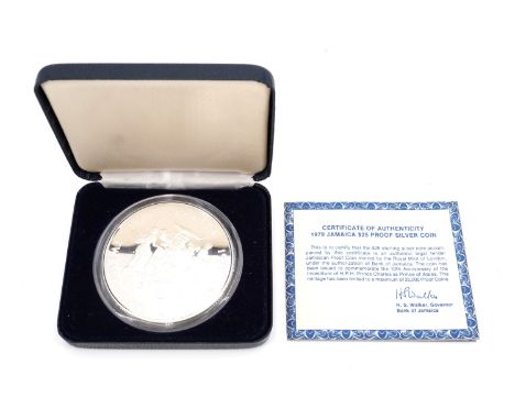 A boxed silver proof 1979 Jamaica 25 Dollars coin, commemorating the 10th Anniversary of the Investiture of Prince Charles as