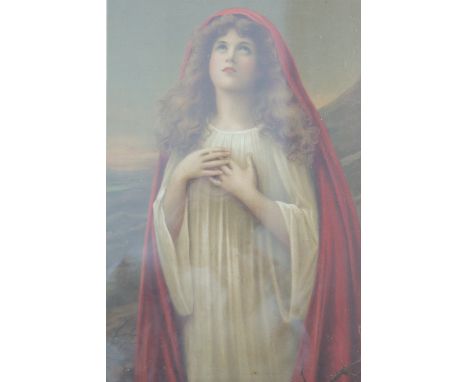 A late 19th, early 20th Century romantic portrait of "Easter Dawn", lithograph, in oak frame, 47 cm x 36 cm overall