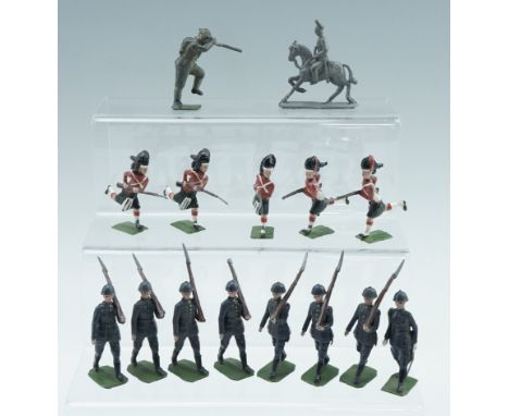 A quantity of vintage diecast lead toy soldiers including six Britain's charging Coldstream Guards, largely circa 1930s