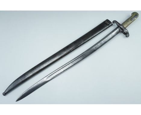 A mid-19th Century bayonet, having a brass hilt and yataghan blade, (likely Belgian or German export model, similar to Brazil