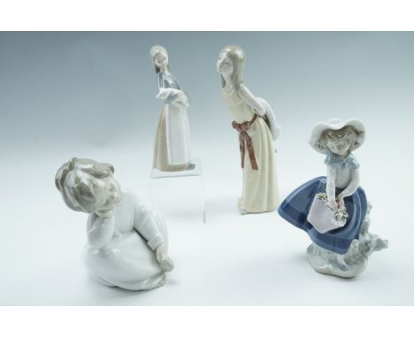 Four Lladro figurines, comprising a girl with a pig etc, tallest 25 cm 
