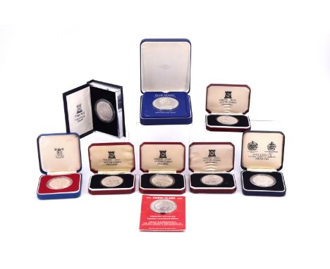 A group of silver proof Royal Commemoratives coins, including five by Pobjoy Mint, a 1972 Cayman Islands Silver Wedding Anniv