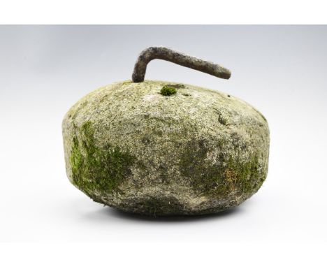 A vintage rustic granite and wrought iron curling stone, 24 x 28 cm