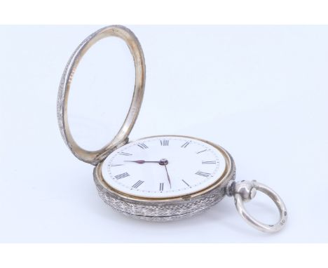 A 19th Century lady's silver fob watch, having a key wind and set movement and white enamelled dial, in a profusely engraved 