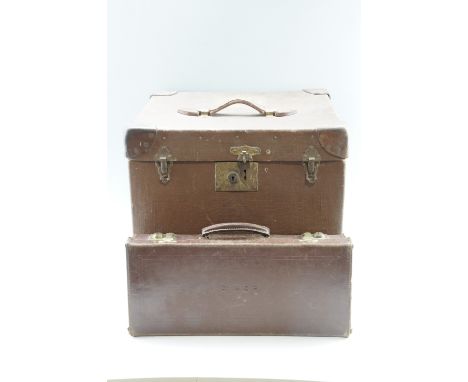 A vintage canvas covered and leather bound square trunk, and a leather Masonic regalia case by Pakawa, former 46 x 43 x 43 cm