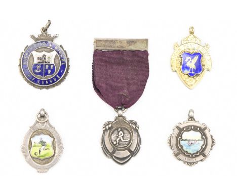 A 1930s enamelled silver swimming prize fob medallion, together with an Edwardian enamelled silver gilt Princes Park Amateur 