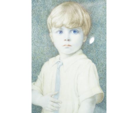 Jane Glasson nee Dommett (1894 - 1959) A portrait miniature of Master John Nicholson, watercolour on ivory, monogrammed, labe