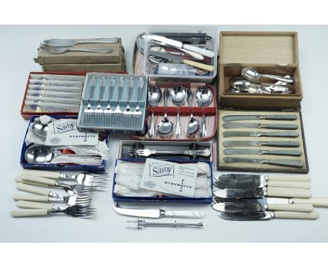 Cased and boxed flatware including butter knives, dessert set, silver teaspoon etc