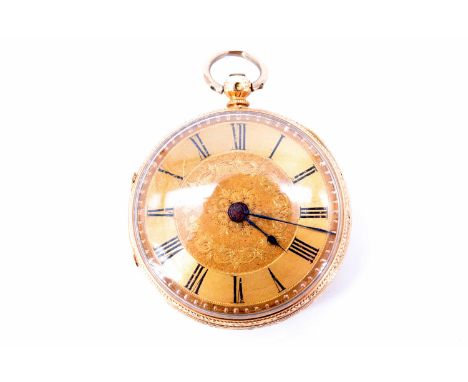 A Victorian lady's 18 ct gold fob watch, having a key set and wind fusee movement, engine turned and engraved dial with blued