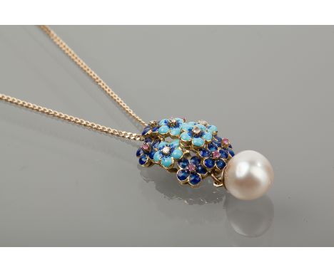 ENAMELLED FLOWER PENDANT
enamelled in two tones of blue, set with diamonds and rubies, and with a pearl set drop, in unmarked