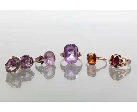 GROUP OF VICTORIAN AMETHYST JEWELLERY
including a pair of earrings, two dress rings; together with a garnet and a citrine dre