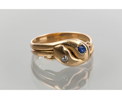 VICTORIAN SAPPHIRE AND DIAMOND SERPENT MOTIF RING
formed by two intertwined serpent motifs, the head of one set with a sapphi