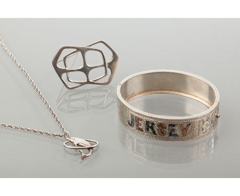 SILVER HARDSTONE SET JERSEY BANGLE
engraved with floral decorations, the letters in 'Jersey' set with hardstones of various c