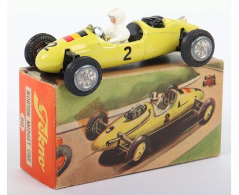 Tekno 812 Cooper Norton Midget Racing Car, Belgium, yellow body, white driver, cast wheel hubs, black rear engine, Belgium fl