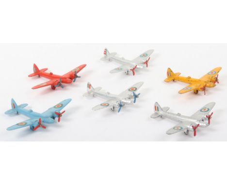 Six Unboxed Tekno (Denmark) 402 BB-1 Aircraft, silver, USAF roundels, 2 x 3 red blade propellors, light blue, with roundels, 