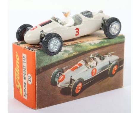 Tekno 812 Cooper Norton Midget Racing Car, German, light grey body, white driver, cast wheel hubs/rear engine, German flag no