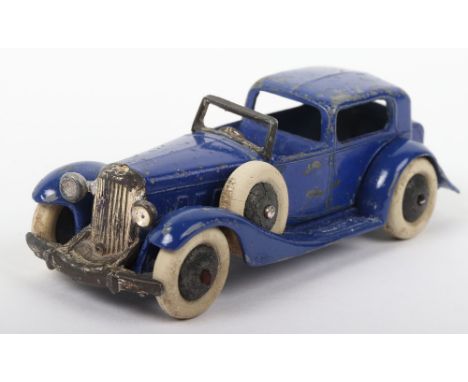 Scarce Dinky Toys Pre-War 24c Town Sedan, type 2 criss-cross chassis, dark blue body, black smooth wheel hubs, with spare whe