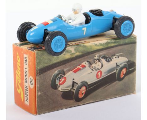 Tekno 812 Cooper Norton Midget Racing Car, French, blue body, white driver, blue cast wheel hubs, black rear engine, French f