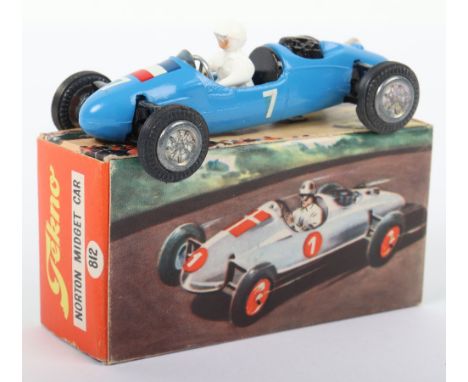 Tekno 812 Cooper Norton Midget Racing Car, French, blue body, white driver, cast wheel hubs, black rear engine, French flag n
