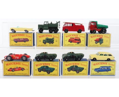 Eight Matchbox Lesney Regular Wheels Boxed Models,2c Muir Hill Dumper red/green ‘Laing’ in D2 type box, 9c Merryweather Fire 