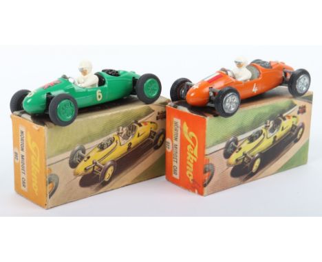 Two Tekno 812 Cooper Norton Midget Racing Cars, British team, green body, white driver, green cast wheel hubs, black rear eng