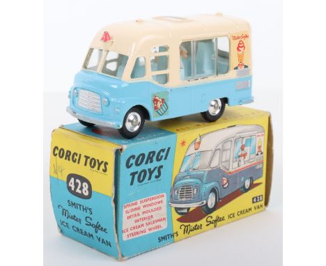 Corgi Toys 428 Smith Mr Softee Ice Cream Van, cream/blue body, spun wheels, model is in very good to excellent original condi