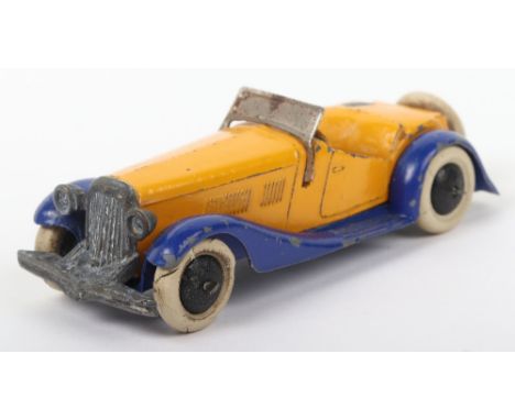 Scarce Dinky Toys Pre-War 24h Sports Tourer Two-Seater, type 2 criss-cross chassis, with spare wheel, yellow body, blue chass