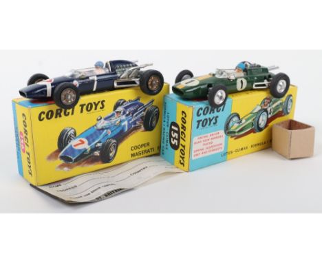 Two Corgi Toys Formula I Racing Cars, 155 Roger Clarkes Lotus Climax Formula 1 Racing Car, green body, driver no ‘1’ spun whe