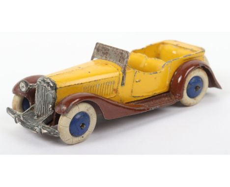 Scarce Dinky Toys Pre-War 24g Sports Tourer Four-Seater, type 2 criss-cross chassis, with spare wheel, yellow body, brown cha