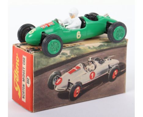 Tekno 812 Cooper Norton Midget Racing Car, Britain, green body, white driver, green cast wheel hubs, black rear engine, UK fl