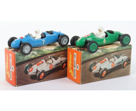 Two Tekno 812 Cooper Norton Midget Racing Cars, French team, blue body, white driver, cast wheel hubs, black rear engine, Fre