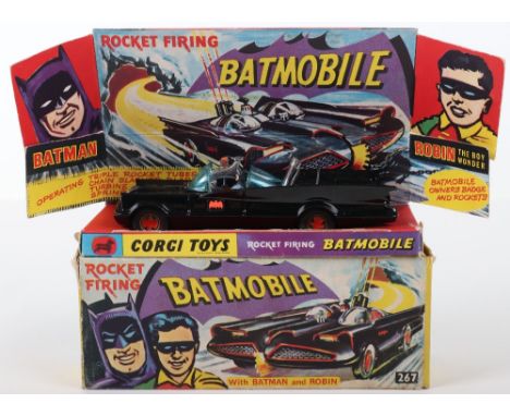 Corgi Toys 1st issue 267 Rocket Firing Batmobile, gloss black body, red bat hubs, blue tinted windscreens, with original "Bat