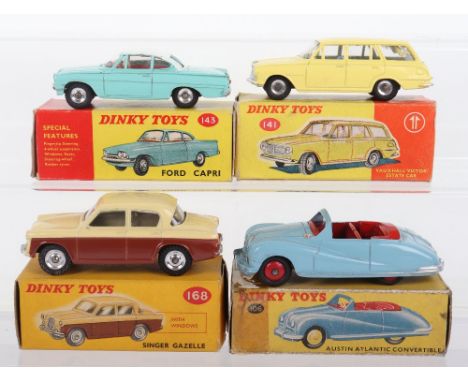 Four Boxed Dinky Toys Cars 106 Austin Atlantic Convertible, light blue body, red interior/wheel hubs, 141 Vauxhall Victor est