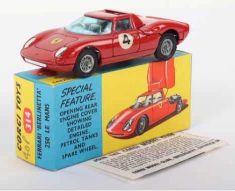 Corgi Toys 314 Ferrari ‘Berlinetta’ 250 Le Mans, red body, yellow stripe no ‘4’ spoked wheels, in mint original condition wit