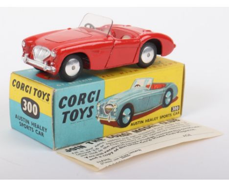 Corgi Toys 300 Austin Healey Sports Car, red body, silver trim, cream seats, flat spun wheels, in mint original condition, wi