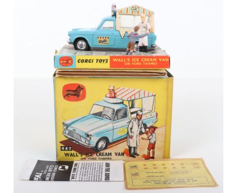 Corgi Toys 447 Walls Ice Cream Van on Ford Thames, blue/cream body, salesman and boy figures, spun shaped wheel hubs, in mint