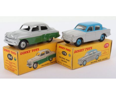 Two Boxed Dinky Toys Cars, 164 Vauxhall Cresta Saloon, grey upper body/green lower body, grey ridged wheel hubs and treaded t