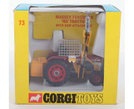 Corgi Toys 73 Massey Ferguson 165 Tractor with Saw Attachment, red/grey/white body, red plastic rear wheel hubs, front red me