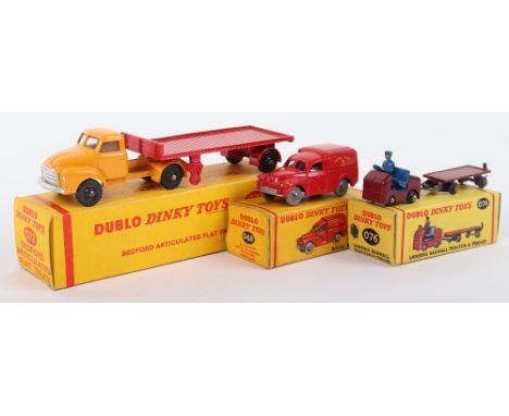 Three Boxed Dublo Dinky Toys, 068 Royal Mail Morris Van, red body, grey plastic knobbly wheels,072 Bedford Articulated Flat T