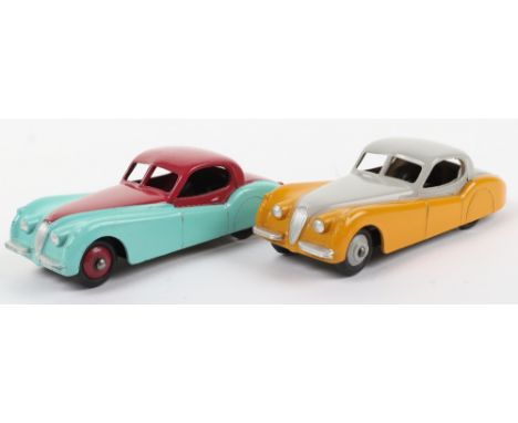 Two Unboxed Dinky Toys 157 Jaguar XK120, turquoise/cerise body, red hub’s, and yellow/light grey body/wheel hubs, both in exc