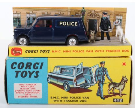 Corgi Toys 448 B.M.C. Mini Police Van with Tracker Dog, dark blue body, red interior, spun wheel hubs, dog handler with repla