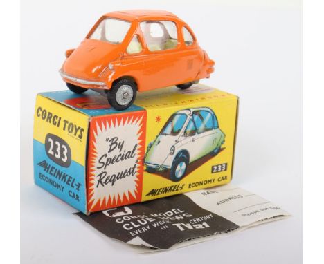 Corgi Toys 233 Heinkel Economy Car orange body, silver trim, yellow interior, cast spun wheels, in mint original condition, w